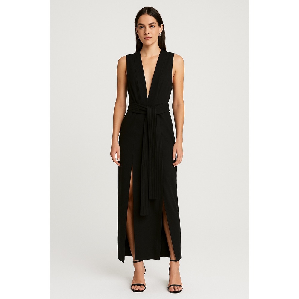 Maurie &‎ Eve Black Sleeveless Maxi Dress Plunge Neckline Belted Slit US 2